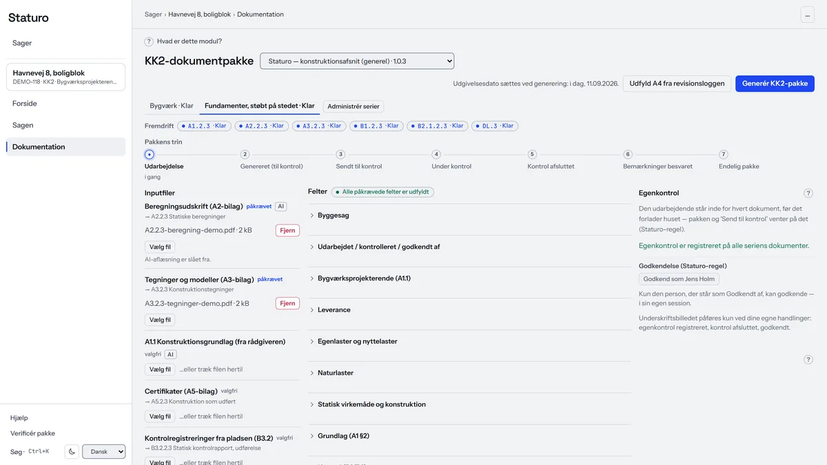 Dokumentation i Staturo for demo-sagen Havnevej 8 (KK2): serierne Bygværk og Fundamenter som faner, fremdrift pr. dokument (A1.2.3 · Klar), pakkens syv trin, inputfiler, felter og egenkontrol