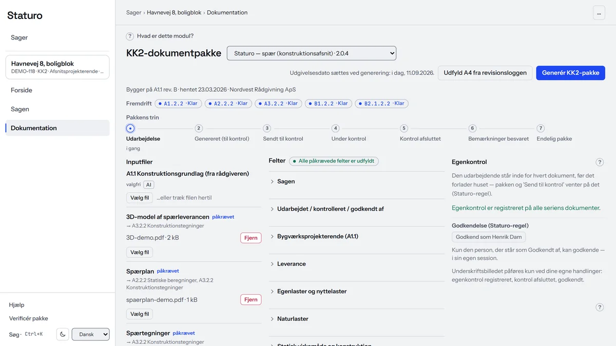 Dokumentationen for et konstruktionsafsnit i Staturo: alle felter udfyldt, egenkontrol registreret, pakken kan genereres