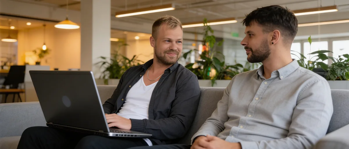Daniel Lange og Lennie Lønbjerg, der har startet Staturo, sidder i en sofa med en bærbar computer